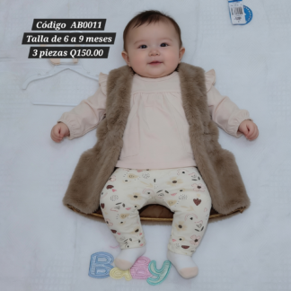 Conjunto beba caqui y rosado con chaleco (6 a 9 meses)