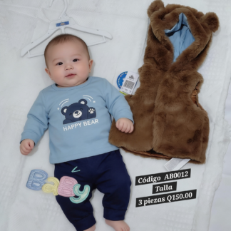 Conjunto bebé azul y café con osito (0 a 3 meses)