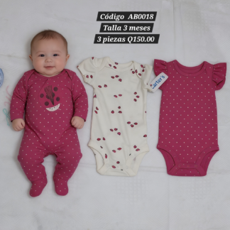Set de 3 bodys beba cerecitas rojo y crema (3 meses)